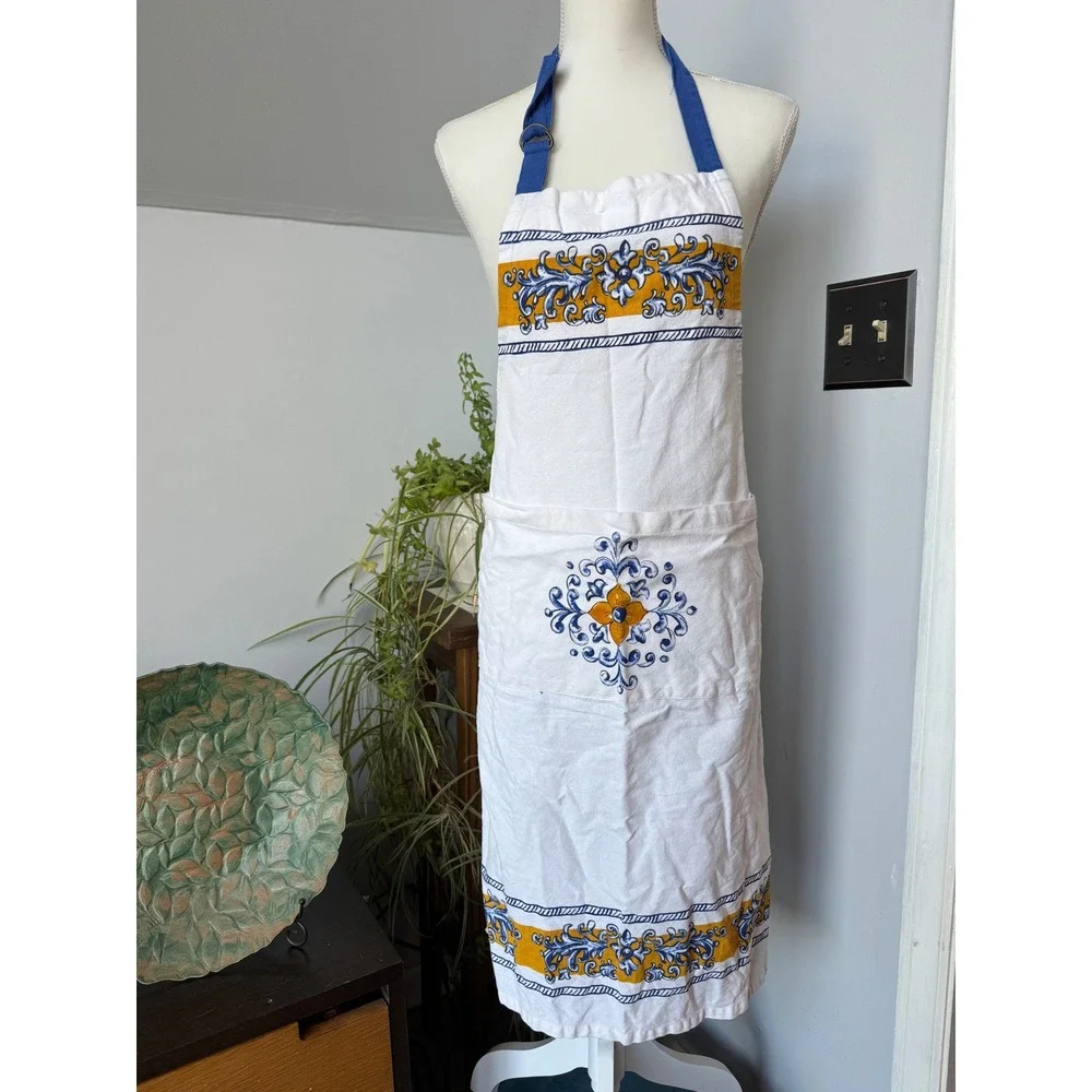 Sur‎ La Table Mediterranean Tile Print Cotton Bib Apron Blue Yellow White